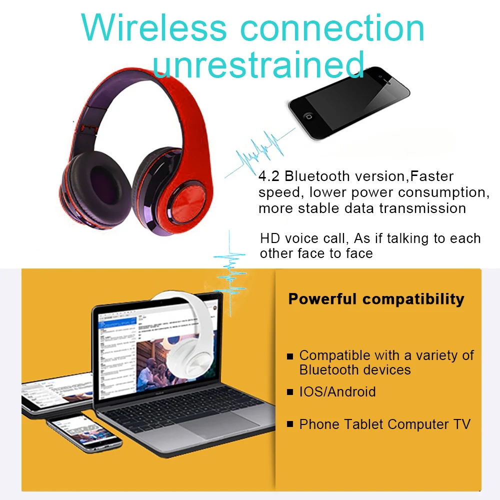 TOMKAS LED Light Bluetooth Headphones Wireless Earphones Stereo Folding Headsets Adjustable Earbuds With Mic TF Card Mp3 Player