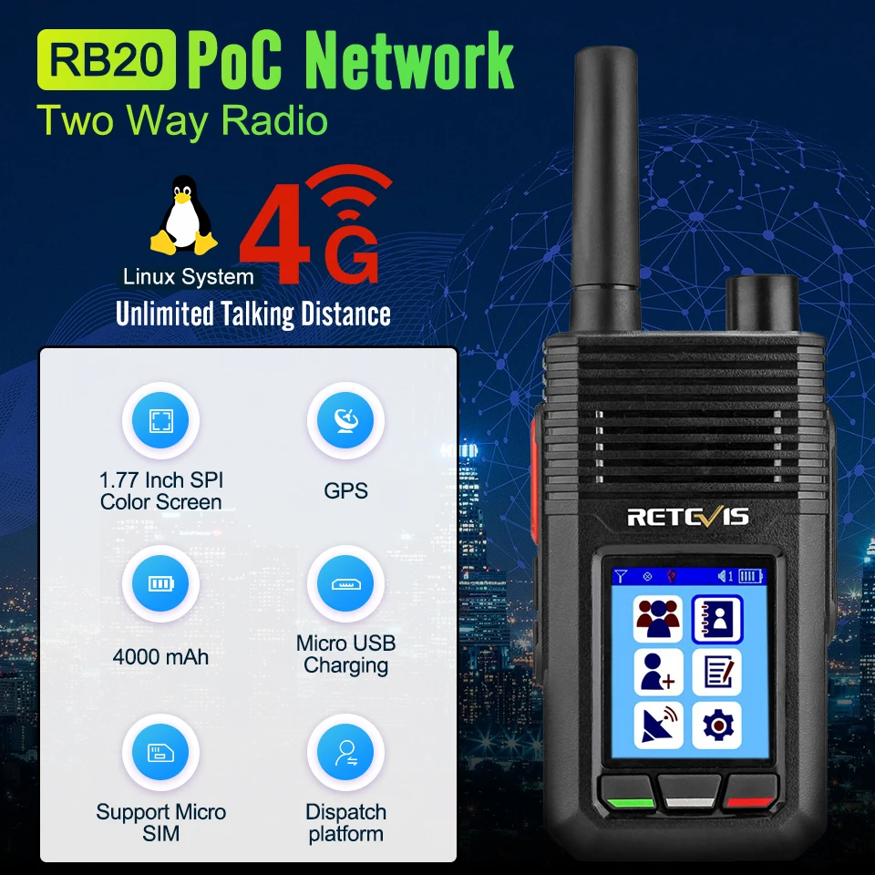 Retevis RB20 сеть Walkie Talkie 4G POC PTT двухстороннее радио Поддержка LTE FDD/WCDMA/GSM SIM смартфон