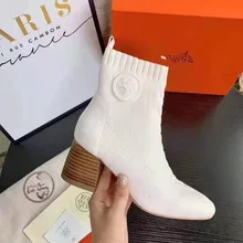 Новинка года; сезон весна-осень; эластичные вязаные ботинки с квадратным носком; женские тонкие ботинки; женские ботинки на Высоком толстом каблуке