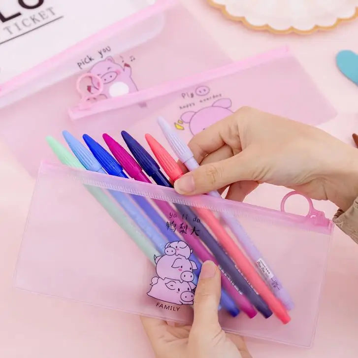 1 Pcs Animal Pink Pig PVC Transparent Waterproof Zipper Document Bags File Folder School Pencil Cases Girl Stationery Gift