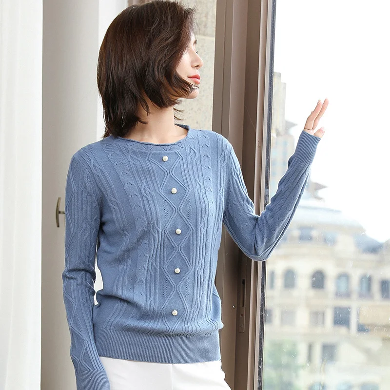 

2019 autumn and winter new cashmere sweater female round neck long-sleeved pullover sweater pearl knit bottoming sweater