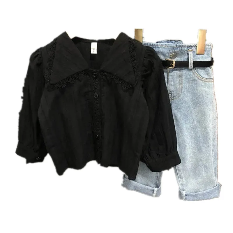 spring kids girls clothes suit children long sleeve shirt+high waist jeans+belt baby girl clothing set Girls lapel lace blouse