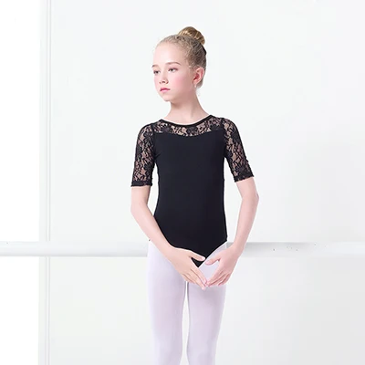 black half sleeve Дышащий кружевной хлопковый балетный купальник для танцев, детский жилет для девочек, балетная Одежда для танцев для девочек, черный, бордовый, розовый, лавандовый - Цвет: black half sleeve