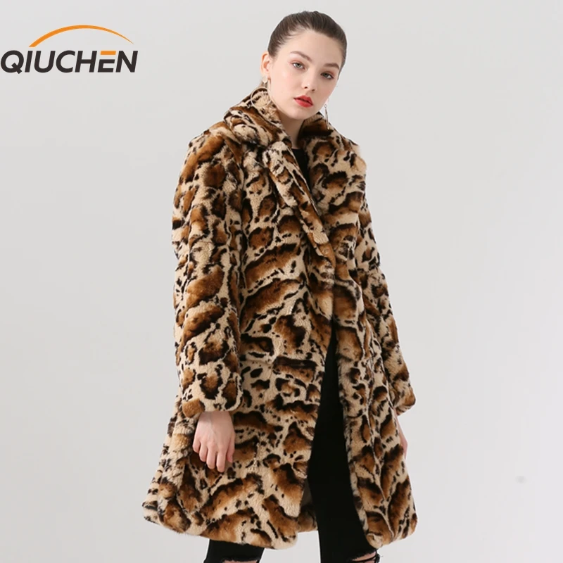 QIUCHEN PJ19045 новое поступление настоящий мех кролика пальто женская зимняя Пижама леопардовое пальто горячие модели в продаже