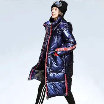 

2019 Winter New Shiny Coat Female Slim Fit long Down Jacket Thick Fur Collar Hooded Jacket Women Waterproof Snow Outerwear 226