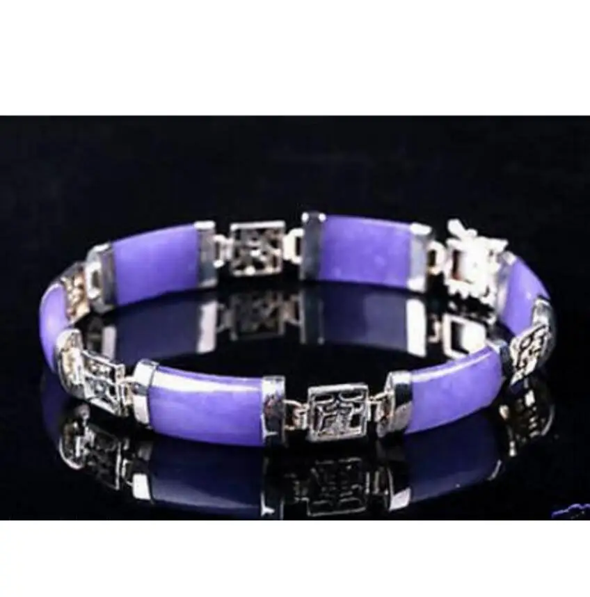 

new hot Genuine Purple Jade Gem stone Link Sterling Silver Bracelet 7.5"