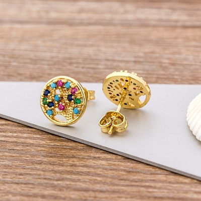 Female Luxury Crystal Round Stud Earrings Vintage Gold Color Wedding Party Jewelry Copper Zircon Crystal Stone Earrings