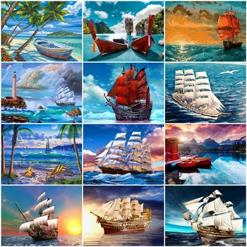 

AZQSD DIY Coloring By Numbers Canvas River Unique Gift Unframe Painting By Numbers Boat Home Decoration For Living Room 50x40cm