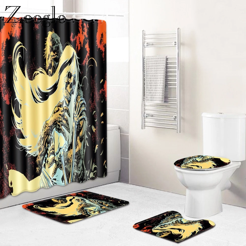 Zeegle 4 шт набор ковриков для ванной комнаты, ковер для ванной комнаты, занавеска для унитаза с крючками, фланелевый Придверный коврик, крышка для унитаза, нескользящий коврик для ног