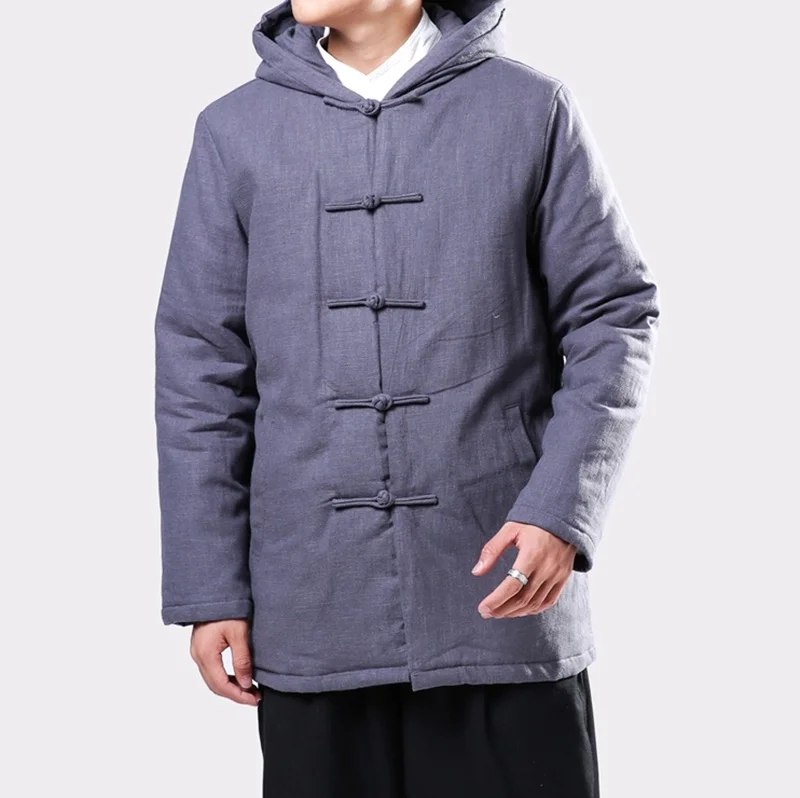 Vintage Style Hooded Men Parkas Cotton Winter Button Up Trench Long Sleeve Outerwear Padded Retro Men Jackets Coats KK3062