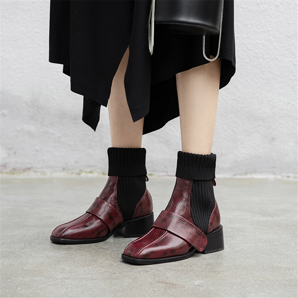 BONJOMARISA/осень-зима; фирменный дизайн; женские ботильоны из натуральной кожи; эластичная Женские ботильоны квадратный носок, женские Ботинки на каблуке средней высоты женская обувь на каблуках