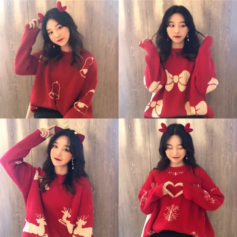 Sweaters Woman Pullovers Christmas 2020 Round Neck Maglioni Korean Vintage Fluffy Large Size Red Sweatshirts Jersey Mujer Lady