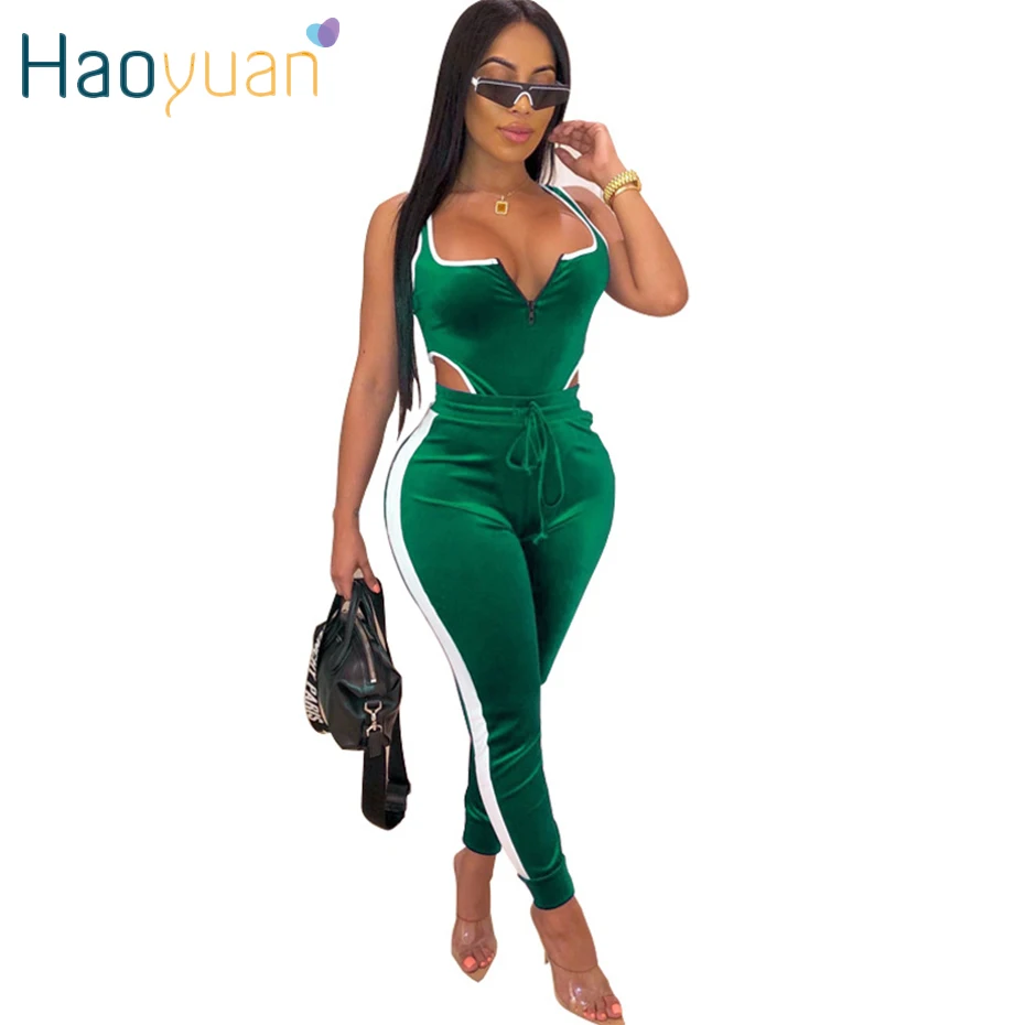 

HAOYUAN Sexy Two Piece Set Tracksuit Women Velvet Bodysuit Top and Pant Fall Winter Clothing 2 Piece Club Outfits Matching Sets