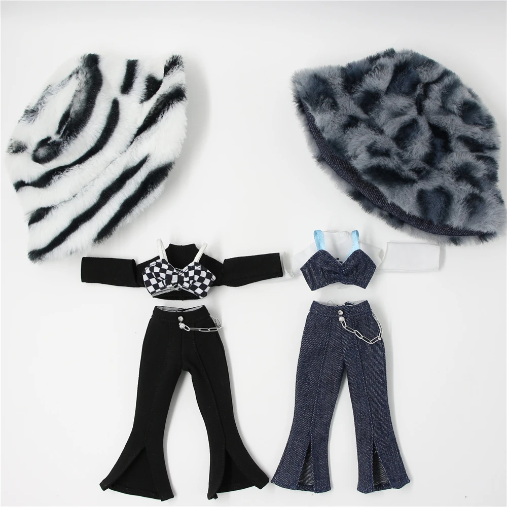 Neo Blythe Doll Cropped Top Shirt Bra with Bell Bottom Pant & Leopard Hat 10