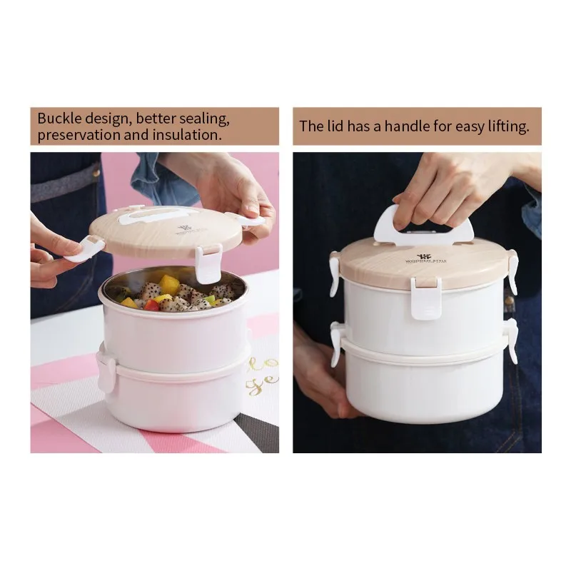 Stainless Steel 2-layer Lunch Box Sealed Leakproof Thermal Bento Box Portable Food Container Wooden Cover Picnic Lunchbox