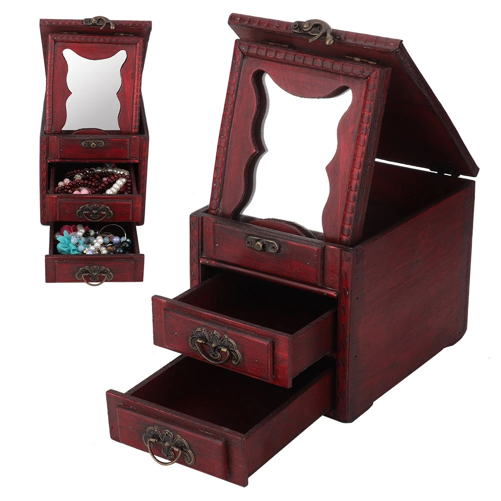 Vintage Wooden Jewelry Boxes Container Rings Earrings Necklace Bracelet Storage Holder with Mirror Drawer Watch Display