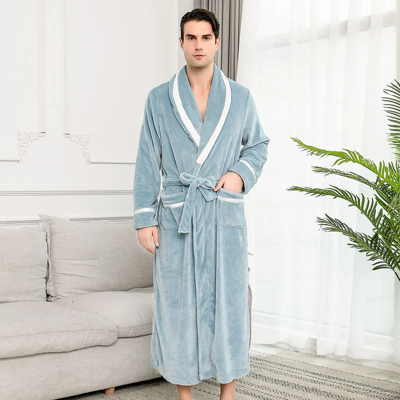 man light blue Зимний теплый длинный халат для влюбленных, плотное теплое Коралловое кимоно из рунной шерсти, банный халат размера плюс, ночные рубашки, халат для подружки невесты - Цвет: man light blue