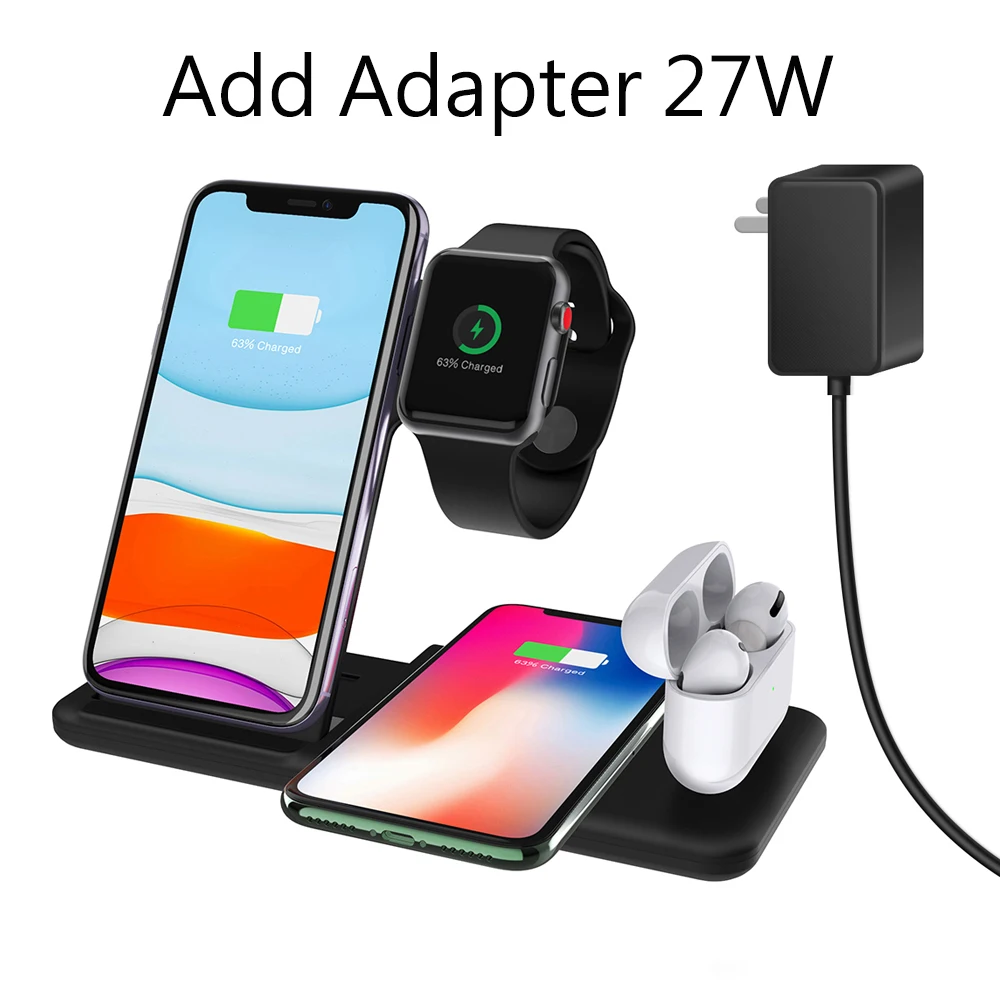 4 в 1 Qi Беспроводное зарядное устройство для iPhone 11 Pro Max XS XR 8 15 Вт usb type C Быстрая Зарядка Док-станция Подставка для Apple Watch 5 4 3 2 Airpods - Тип штекера: Black 27W Adapter