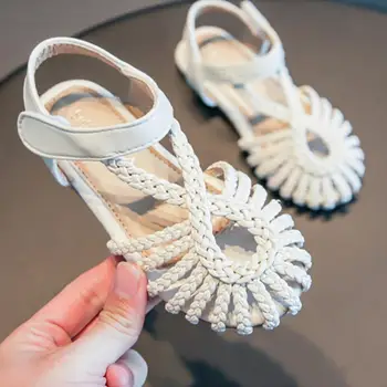 

1-6T Kids Girls Shoes Sandals Summer Retro Woven Non-slip Soft Bottom Baotou Beach Sandals 2020 New Arrival