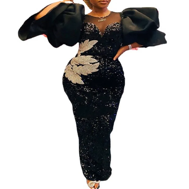 Black Evening Dress Ankara Robes Elegant Ladies Large Size Clothes Wrapped Ruffle Sleeve Sequin Embroidered Maxi Dress Winter