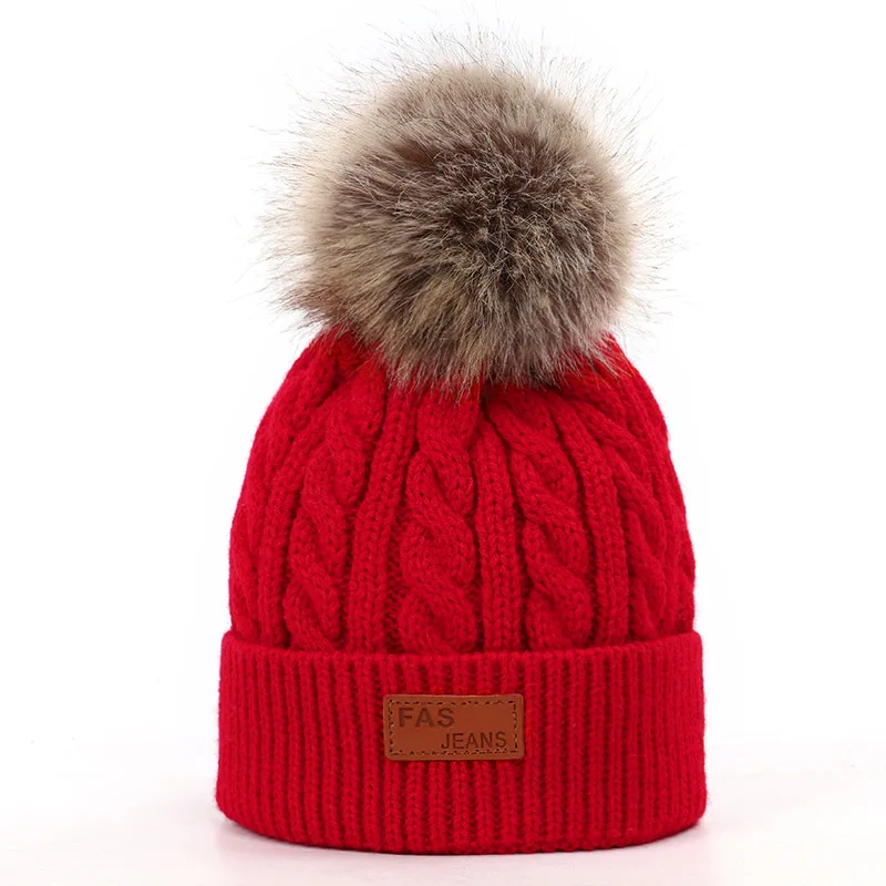 Red-2 Детская шапка, вязаная Милая шапка для девочек, BoysBig Pom pom Beanie, детские шапки для девочек и мальчиков, теплая вязаная зимняя детская шапка из натурального енота F - Цвет: Red-2