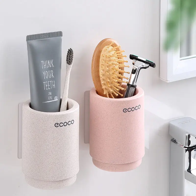 

ECOCO Wall Mounted Toothbrush Wheat Straw Wash Holder Storage Rack Magnetic Toothbrush Cup Holder Organizer for Bathroom Cup Set