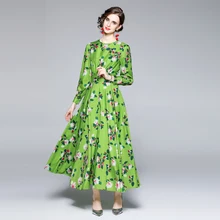 

2021 New Fall Summer Fashion Runway Green Maxi Dress Floral Print Robe Femme Bohemia Casual Holiday Long Dress Arabian Vestidos