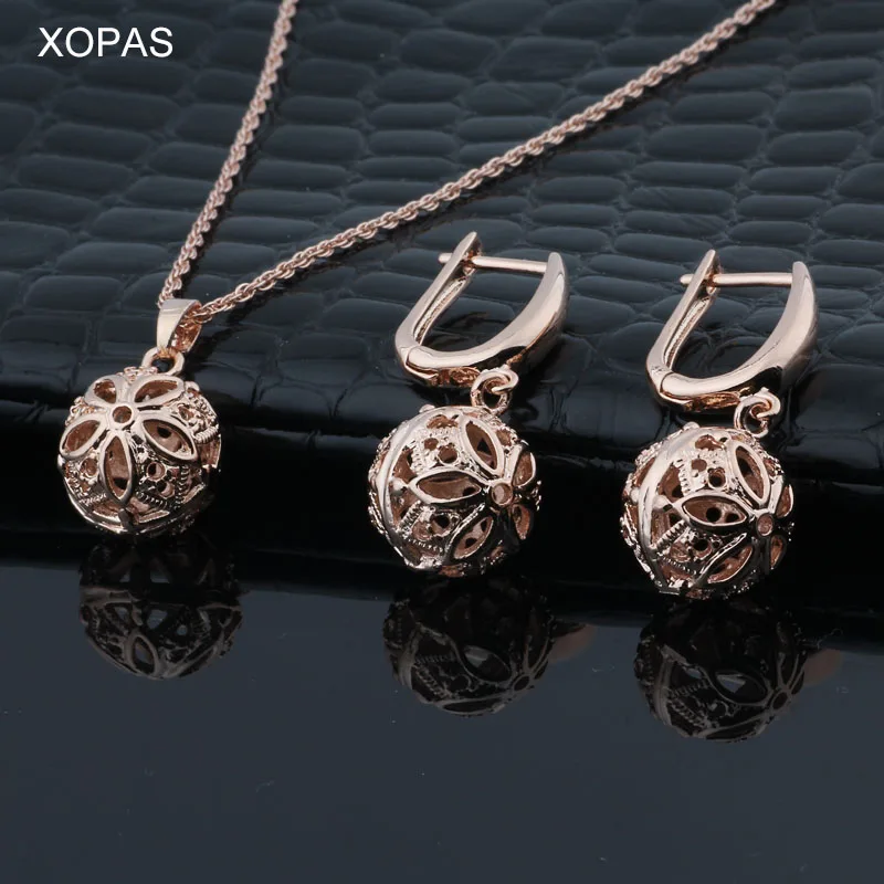 

The latest Vintage Earrings Set metal 585 Rose Gold Hollow Spherical Personality Earrings Set for Girls Wedding Jewelry set