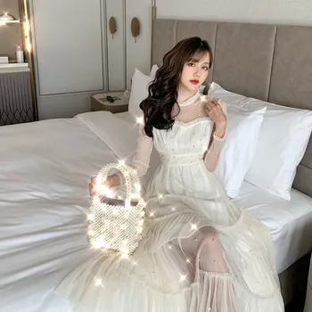 

YAMDI lace embroidery dress 2020 vintage luxury spring summer evening party elegant dresses women a-line club sequin turtleneck