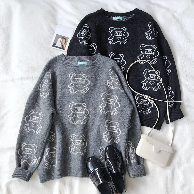 Neploe Pull Femme милый медведь вышивка женский свитер с длинными рукавами и круглым вырезом вязаный пуловер Мягкий Топ Джемпер серый черный трикотаж 55104