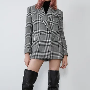 

KUMSVAG Women Plaid Casual Blazers Coats 2020 Autumn Long Sleeve Double Breasted Notched Collar Blazer Female Street OL Blazers