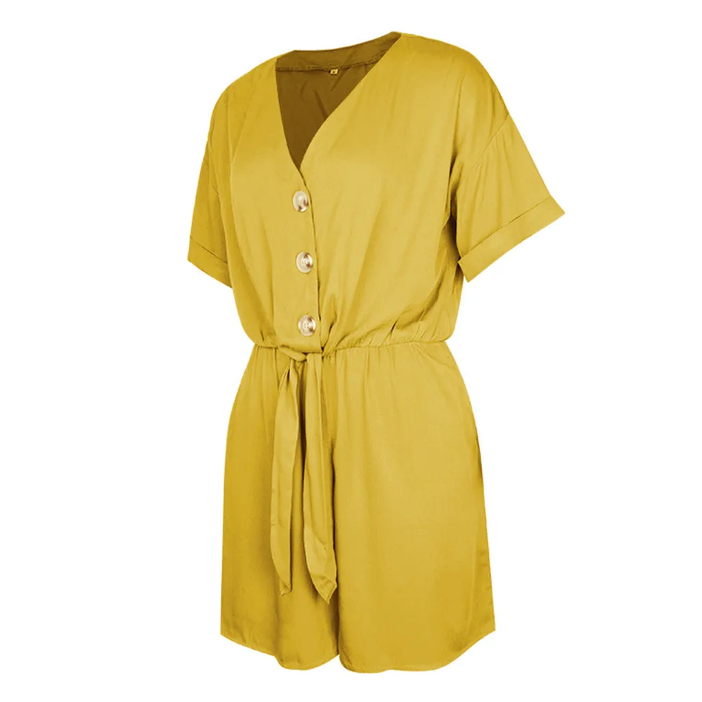 Jaycosin Fashion Summer Women Casual Solid V-Neck Button Wild Stylish Short Sleeve Comfortable Playsuit Casual Short Jumpsuit311