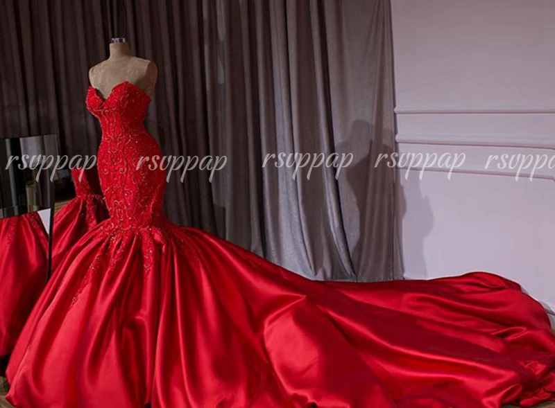 Длинные вечерние платья в арабском Дубае, красные,, сексуальные, Русалка, милая, Роскошные, с бисером, атласные, вечерние платья