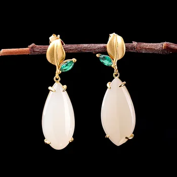 

Fashion vacuum electroplated earrings of S925 pure silver natural water drop Hotan Jade Earrings
