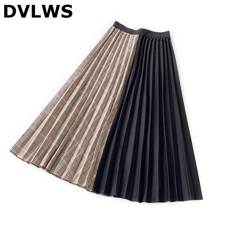 Ретро клетчатая плиссированная Зимняя юбка Женская шерстяная юбка с высокой талией хаки серый цвет