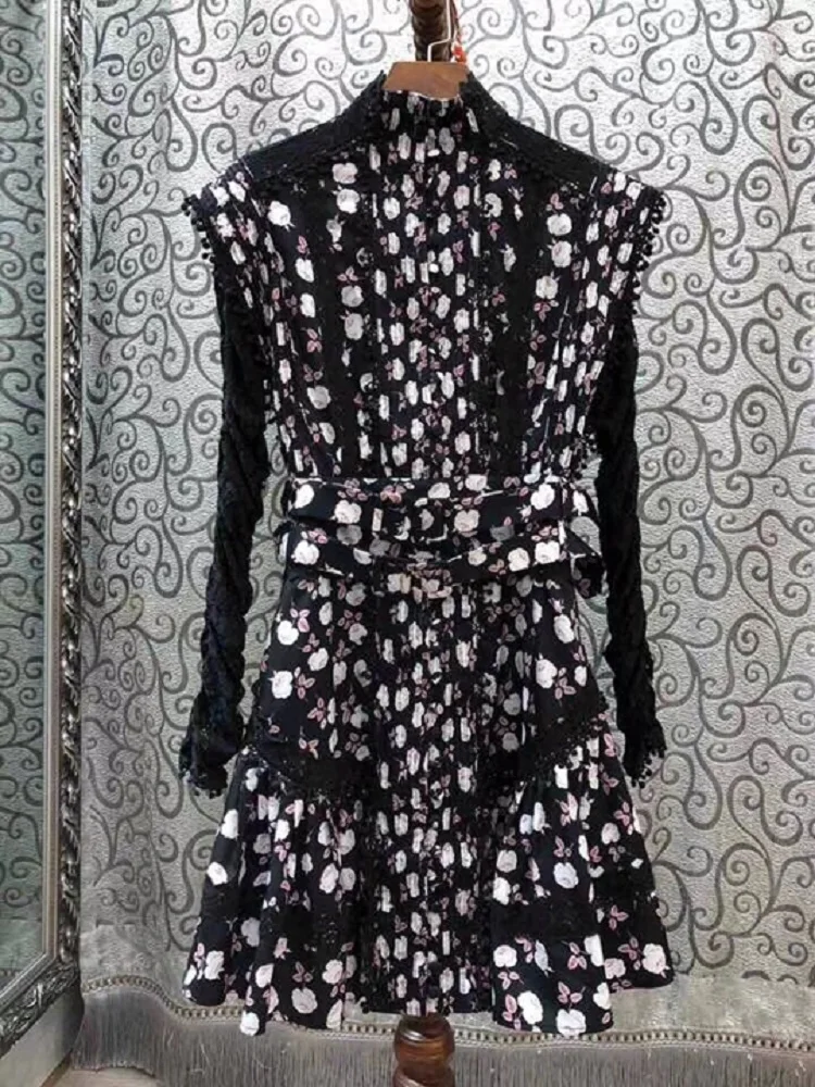 Высококачественное дизайнерское платье, весна-лето, vestidos, женское винтажное платье с цветочным принтом, кружевное лоскутное платье с длинным рукавом, вечерние платья