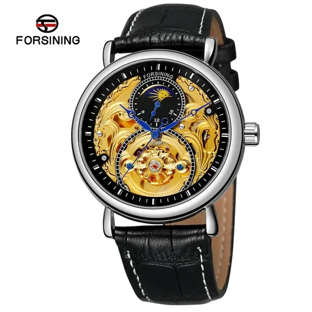 FORSINING Relogio Masculino модные кожаные Moonphase водонепроницаемые светящиеся спортивные часы мужские бизнес люксовый бренд наручные часы - Цвет: black silver gold