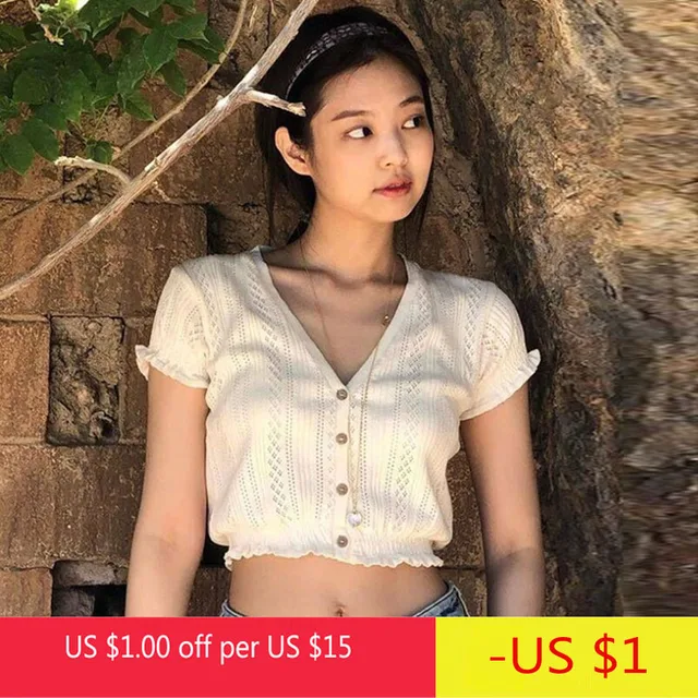 US $10.23 Summer Korean Womens Short Sleeve Tops Sexy V Neck Buttons Mini T-Shirt Knitted Shirts Fashion Hall