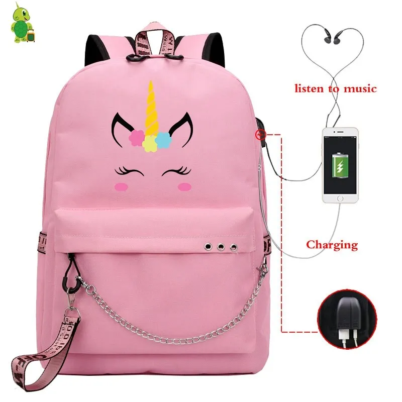 11 Забавный рюкзак с единорогом, женские рюкзаки, Mochila, школьные сумки для девочек-подростков, Usb зарядка, рюкзак для ноутбука, повседневный рюкзак для путешествий - Цвет: 11