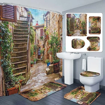 

Bathroom Set Retro Door 180x180cm Shower Curtain Toilet Seat Cover Rugs Garden Flower Bath Mat Set Home Carpets Doormats