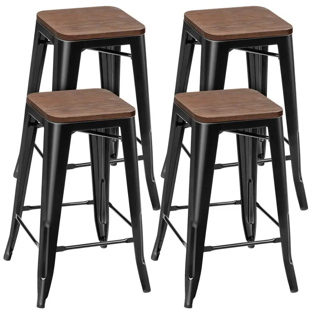 US $125.99 Set of 4 Counter Height Backless Barstool 26 Metal Stackable Stool wWood Seat HW66692BK4