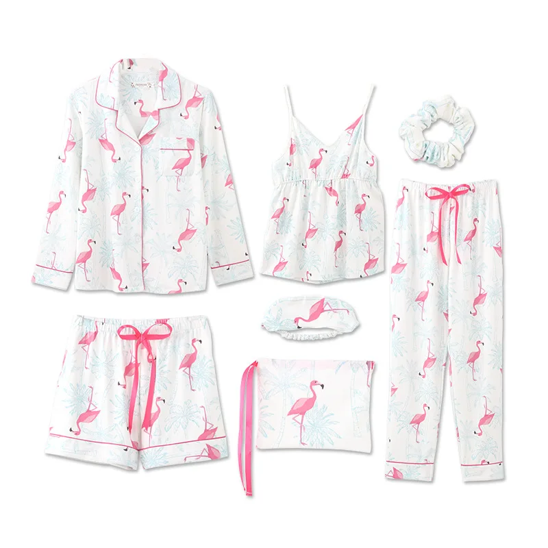 QWEEK новые женские пижамы, хлопковые пижамы для женщин, 7 шт размера плюс, женские пижамы для отдыха, мультяшный принт, Ночная одежда, Прямая поставка