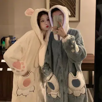 

Winter Sexy Nightwear Sweet Thicken Plus Velvet Nightgown Women Cardigan Button Warm Hoodie Cute Pockets Home Nightrobe Female