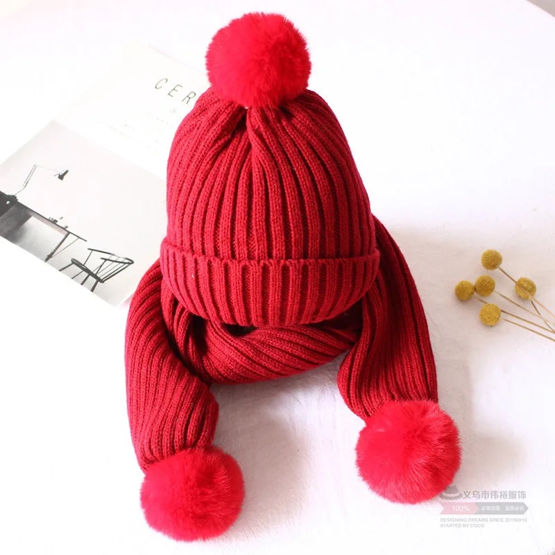 red Kitted зимняя шапка, шарф, комплект для Детское кольцо, шарфы и шапка для мальчиков и девочек, сохраняющая тепло зимняя шапка унисекс шапки с помпоном - Цвет: red