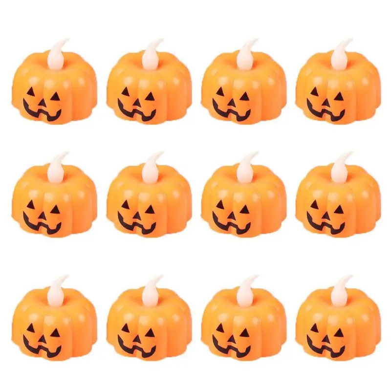 12 шт. Тыква батарея работает СВЕТОДИОДНЫЙ электрическая свеча легкий беспламенный Tealights мерцающий домашний Хэллоуин, праздничная вечеринка украшения - Цвет: A
