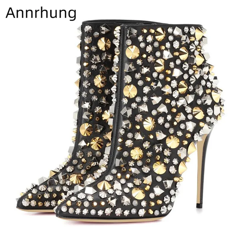 

Sexy Pointed Toe Ankle Boots Gold Silver Rivet Decor Runway Botas Metal Stiletto Heel Booties Bling Rhinestone Party Shoes Botas