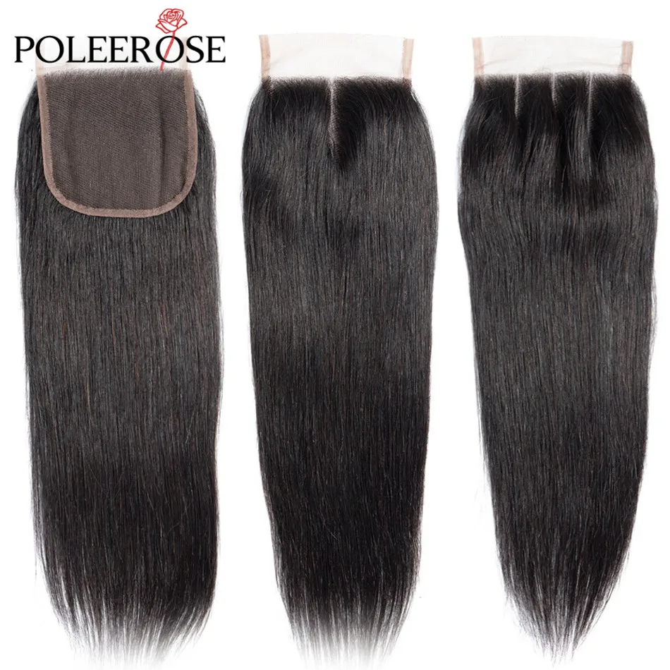 

POLEEROSE Brazilian Straight Human Hair 4X4 Lace Closure For Woman Free/Middle/Three Part Nature Color Non Remy HairLace Closure