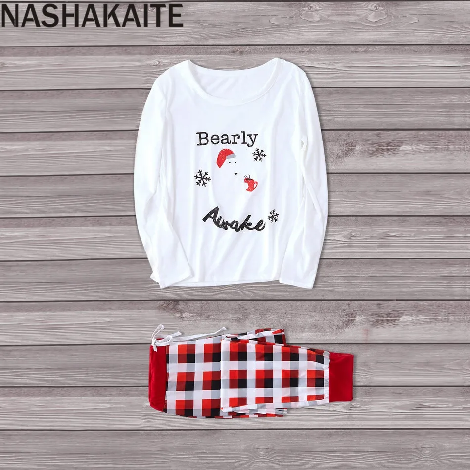 Nachakaite/рождественские пижамы для всей семьи, милый комплект одежды в клетку с принтом «проснувшись», «Мама и я», одинаковые комплекты для папы и сына