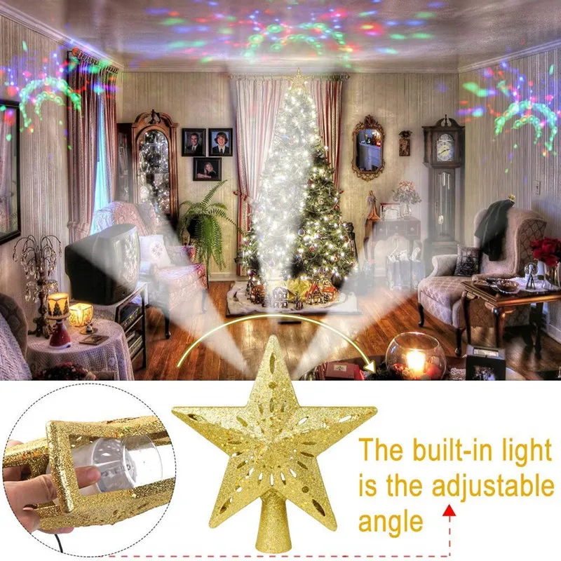 Золотая Звезда макушка для новогодней елки, блестящая светящаяся звезда дерево с регулируемым вращающимся волшебным радужным проектором света