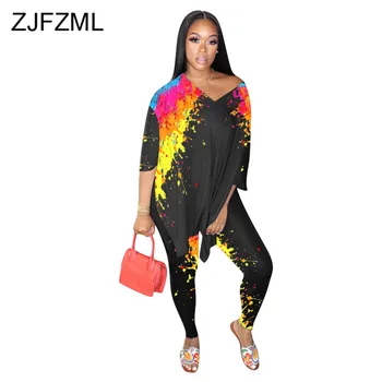 

Graffiti Print Sexy Two Piece Set Women's Tracksuit V Neck Side Split Loose T-shirts and Pencil Long Legging Pant Plus Size Suit